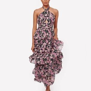 Cottagecore Cami NYC feminine Evina Tiered-Ruffle Maxi Silk Halter Dress NWT Sz2